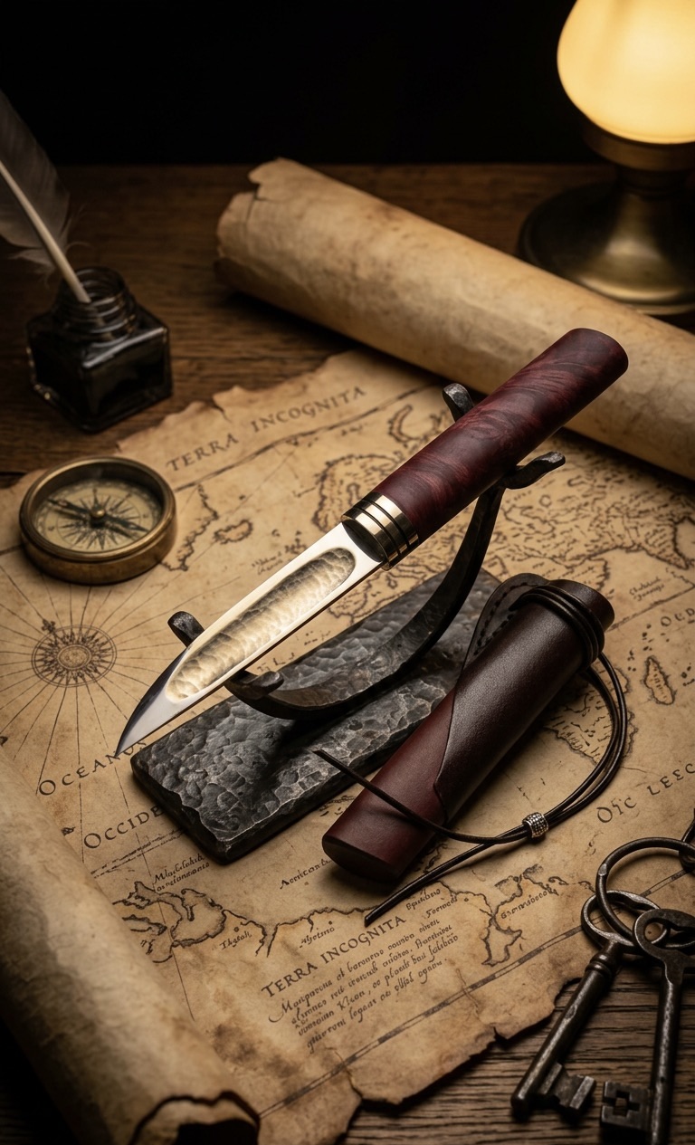 Knife on explorer map with compass